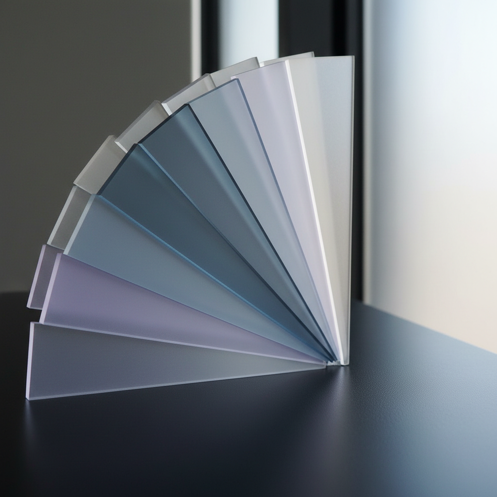 A cluster of translucent, overlapping acrylic panels in muted tones of slate blue, soft grey, and lavender, arranged in a dynamic fan-like pattern on a smooth, matte black surface. Each panel possesses delicate beveled edges and soft gradients, catching and diffusing incoming natural light that filters through a nearby frosted window. This lighting creates gentle, multi-layered reflections and subtle interplay of color across the scene. The atmosphere is calm and quietly innovative, emphasizing the convergence of diverse ideas. Captured from a low angle to accentuate depth, with a focus on crisp lines and seamless transitions between panels, the overall composition is minimalist and visually sophisticated, aligning with the site's contemplative exploration of what's next.