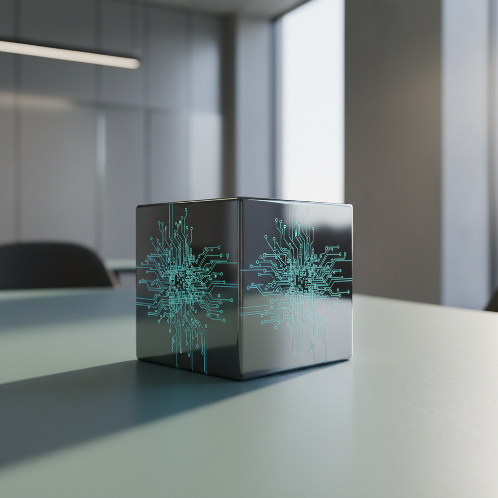 A sleek, reflective graphite cube with finely etched circuitry lines along its surfaces, symbolizing interconnected ideas and emergent technologies. The cube is carefully positioned on a frosted glass tabletop in an open, modern workspace featuring hints of brushed metal and cool-toned concrete textures in the out-of-focus background. Gentle, directional daylight streams in from the side, creating soft highlights and subtle shadows, enhancing the cube's minimalist lines. The mood is forward-thinking and refined, inviting viewers to consider the building blocks of future trends. Shot from a slightly elevated angle and framed using the rule of thirds, achieving a clean, modern, and photographic look while staying true to the site’s sophisticated personality.