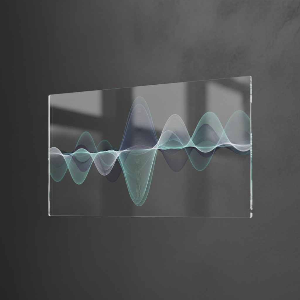 A pristine, ultrathin transparent OLED panel suspended midscreen, displaying softly glowing, abstract signal waveforms in muted turquoise, silver, and violet hues. The panel floats before an elegantly textured matte charcoal wall, with gentle overcast daylight diffusing from unseen windows to create an even, shadowless illumination. Faint reflections and gradients play across the panel's edges, suggesting advanced yet accessible technology. The mood is serene and visionary, evoking anticipation for innovations to come. The image is composed at eye-level with the panel perfectly centered, a shallow depth of field separating it from the subtly indistinct background. The visual language is photographic with minimalist styling, ideally suited to a sophisticated future trends publication.