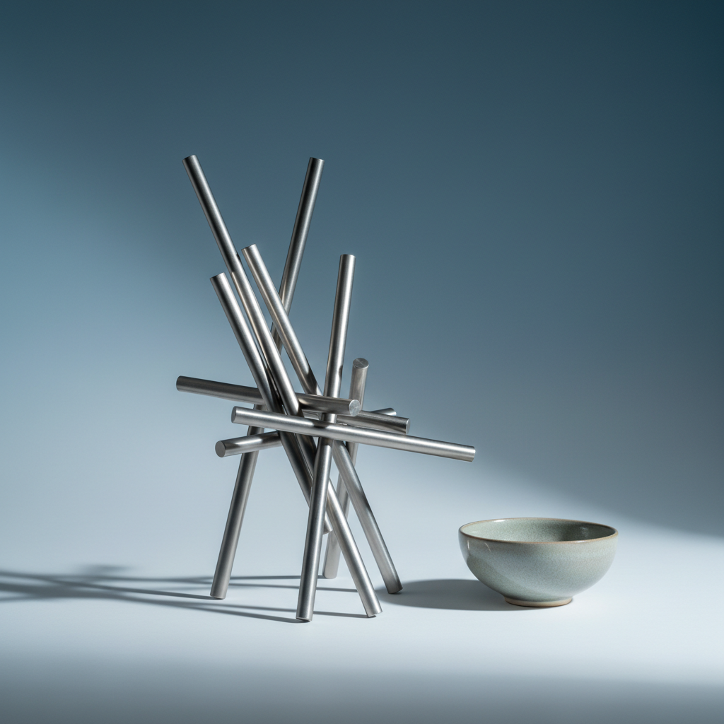 An abstract arrangement of polished metallic rods, each varying in length and thickness, elegantly leaning against each other to form an intricate, minimalist sculpture. These rods are finished in a gently brushed titanium texture, reflecting soft, controlled studio lighting that casts graceful shadows on a luxuriously smooth, cool-toned gradient backdrop. The environment is nearly empty except for a single matte ceramic bowl with a muted glaze placed nearby, enhancing the scene's understated composure. The mood is intellectually stimulating and subtly dynamic, hinting at the interplay of forces that drive cultural and technological change. Shot from a straight-on perspective with sharp focus and clean negative space, delivering a photographic realism and refined aesthetic.